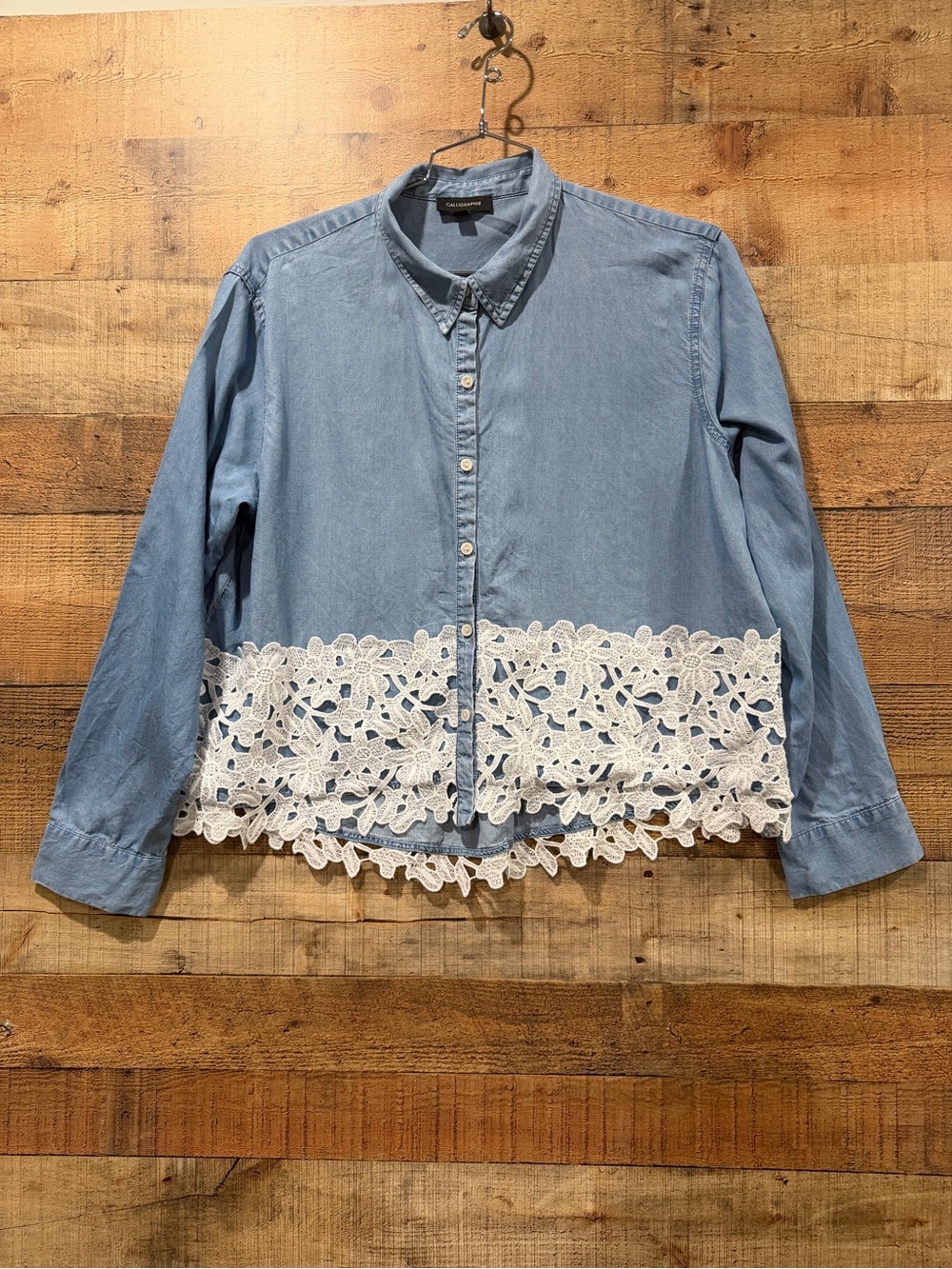 Calligraphie Light Blue Denim W Lace Button-Down Jacket Shirt Cardigan Size XL